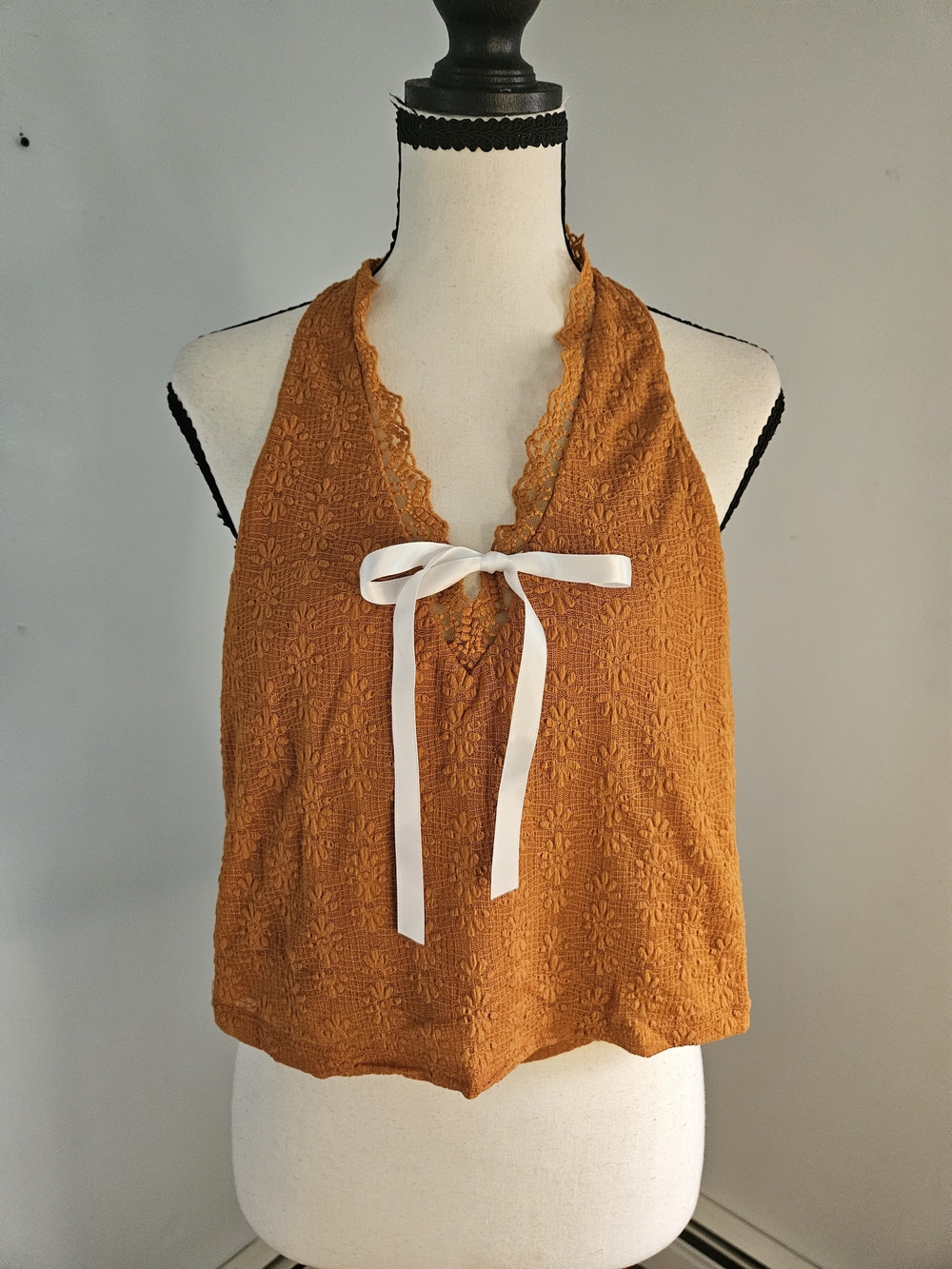 Lace Halter Camisole with Bow in Mustard